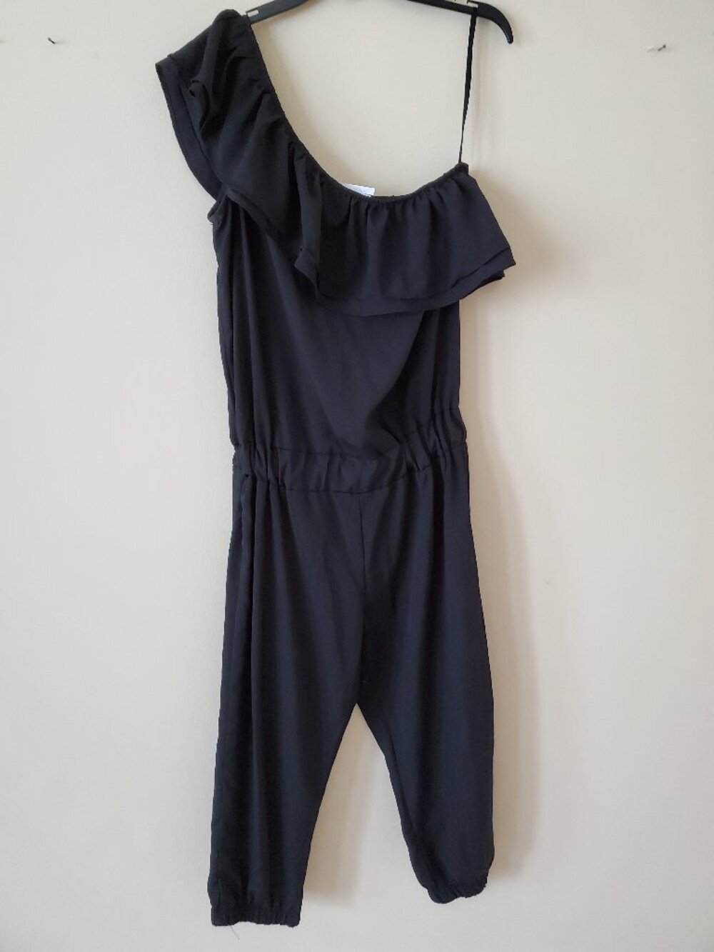 Event Black One-Shoulder Ruffle Jumpsuit with Elastic Waist & Tapered Legs SZ S